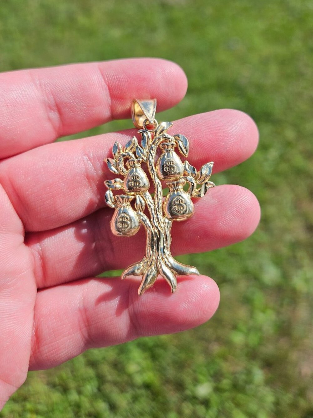 10K Yellow Gold Money Bag Moneybag Tree Pendant Charm 1.75x1 Inches